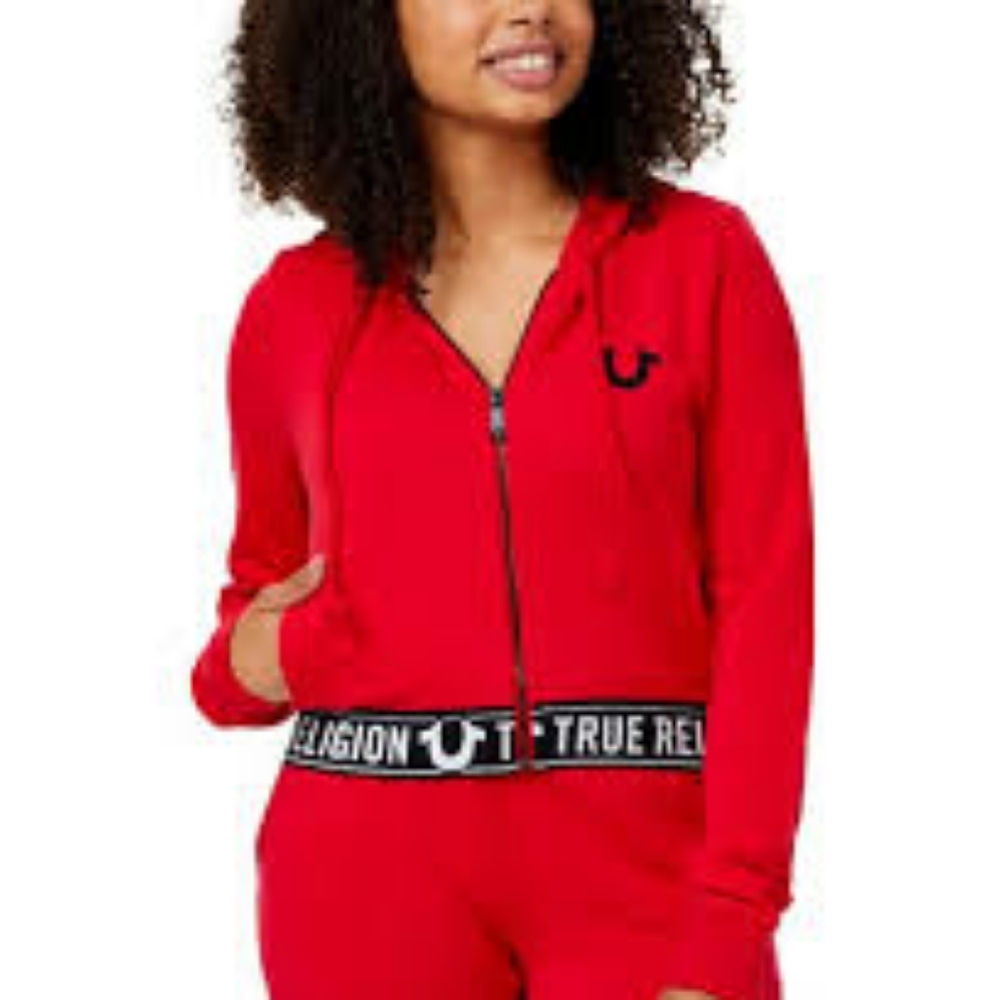 TRUE RELIGION Red & Black Rhinestone Logo-Hem Hoodie - Women. Size Large